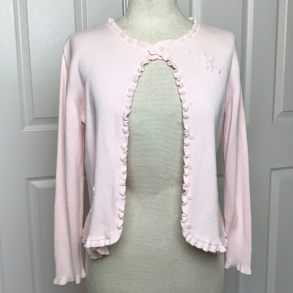 Baby Pink Button Up Girls Spring Ruffle Sweater